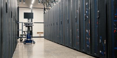 Armários metálicos com servidores, dispositivos de rede e cabos no interior de um data center moderno.