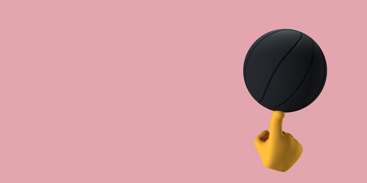 Ilustração 3D de uma mão amarela equilibrando uma esfera preta sobre o dedo, em fundo rosa.