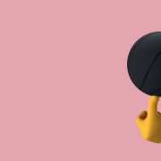 Ilustração 3D de uma mão amarela equilibrando uma esfera preta sobre o dedo, em fundo rosa.