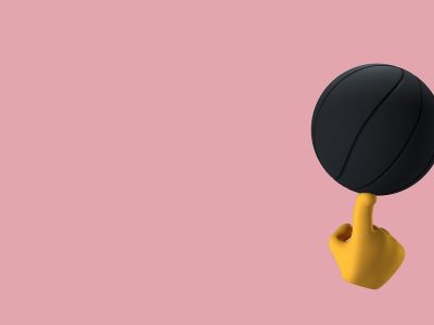 Ilustração 3D de uma mão amarela equilibrando uma esfera preta sobre o dedo, em fundo rosa.