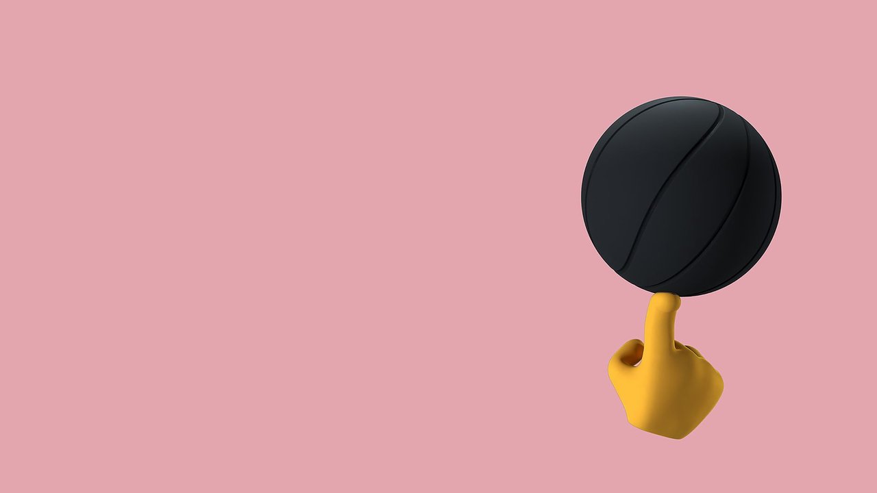 Ilustração 3D de uma mão amarela equilibrando uma esfera preta sobre o dedo, em fundo rosa.